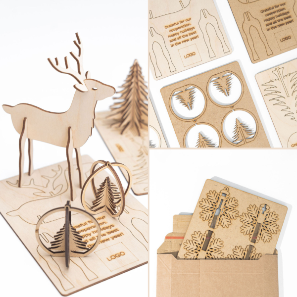 Wooden Wish – Holz-Weihnachtskarte mit Dekorationen, Puzzle, Figur